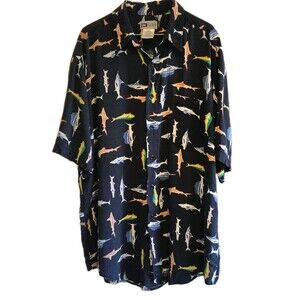 UnTied Mens Large Short Sleeve Hawaiian Shirt Black Shark Fish Print Rayon Camp